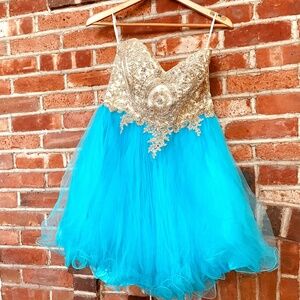 Stunning Turquoise and Gold Beaded Tulle Dress, Jr size L